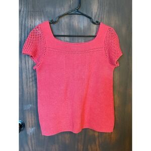 LOFT Women Red Pink Cotton Knit Square Neck Short Sleeve Sweater Top Size M